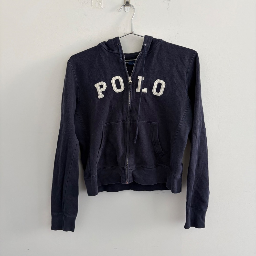 Ralph Lauren Sport Navy Blue Polo Spellout Zip Up Hoodie Medium